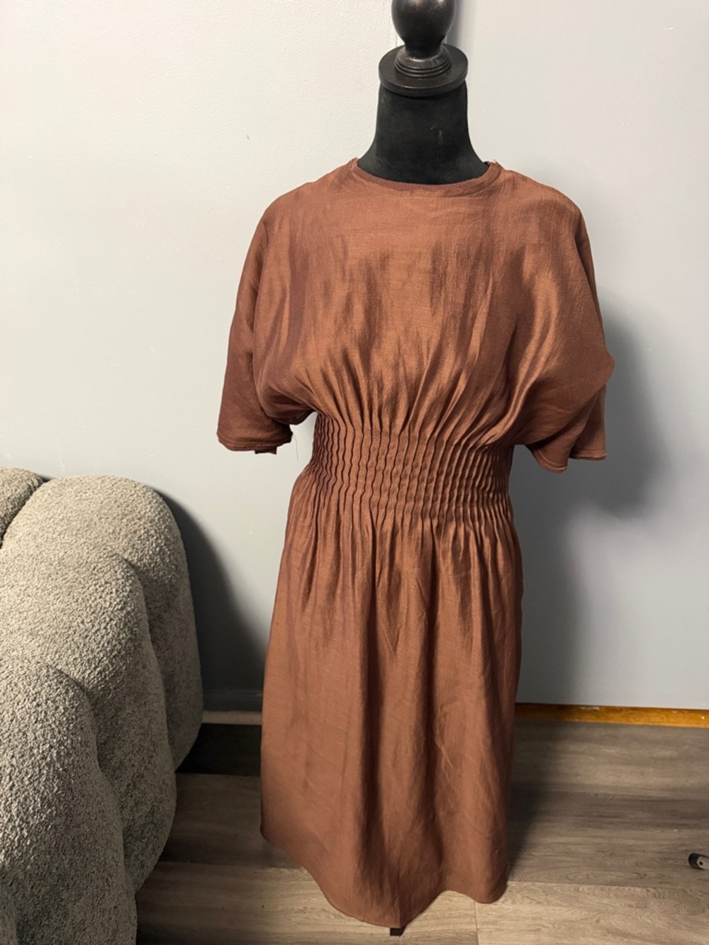 Zara Rust Brown Smocked-Waist Midi Dress